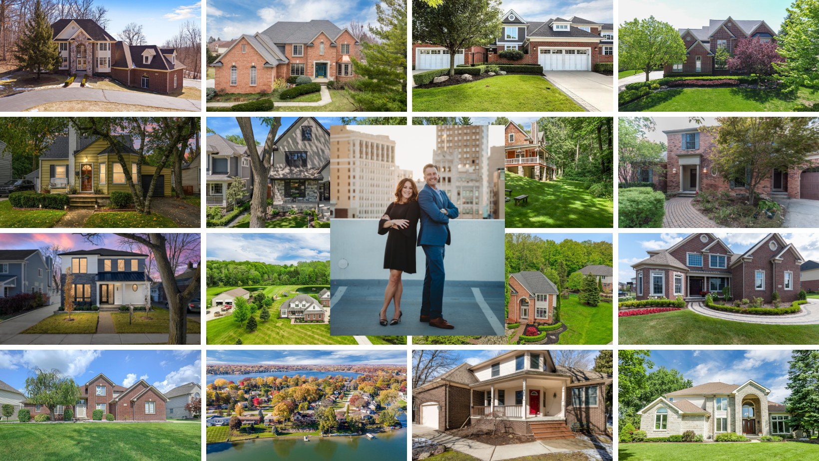 A collage of Metro Detroit homes sold by New Century Realtors, with Kelly Finley and Brian Ragland in the center